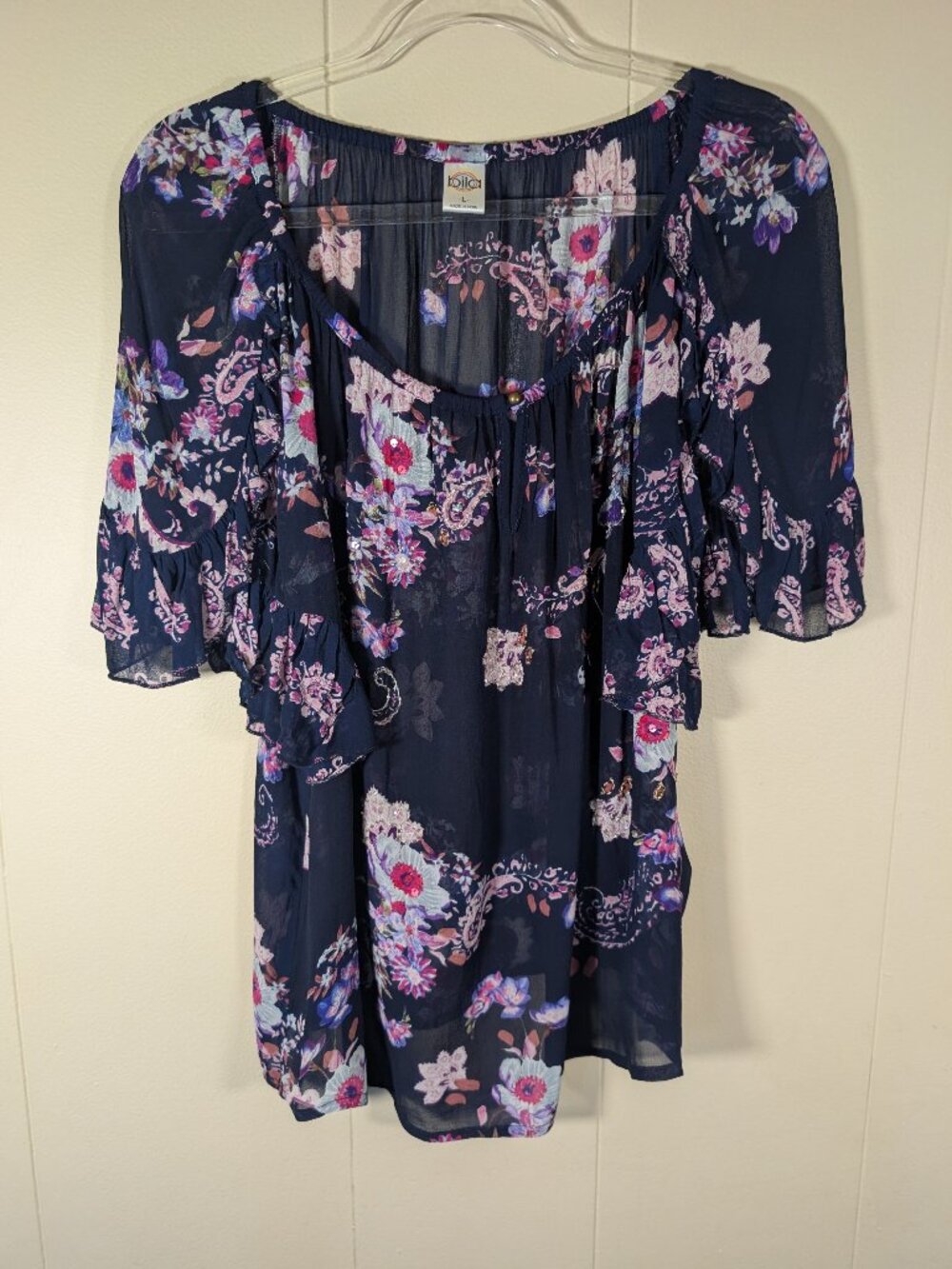 BOHO Floral Paisley Peasant Blouse L Sheer Rayon Beaded Bell Sleeve Navy